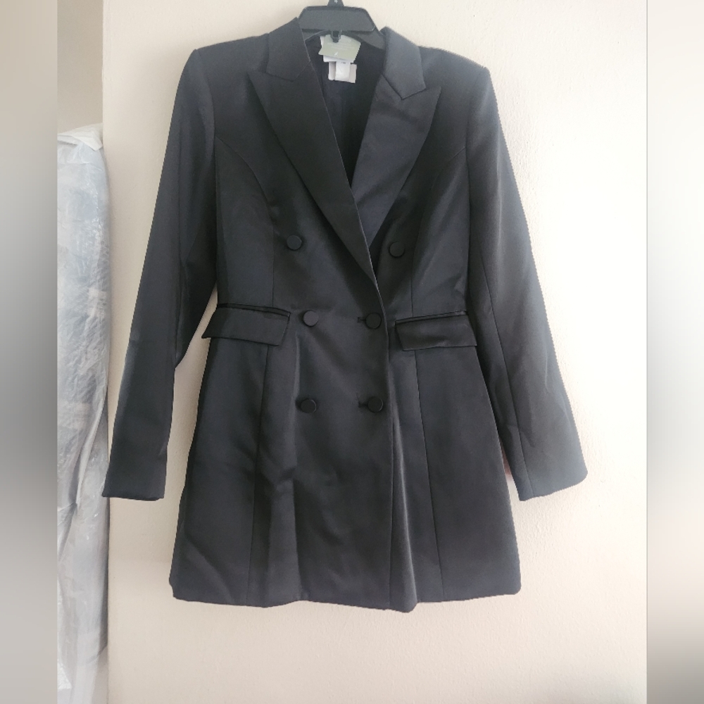 H&M double-breasted fitted jacket dress satin effect black sz L BNWT - Picture 3 of 13